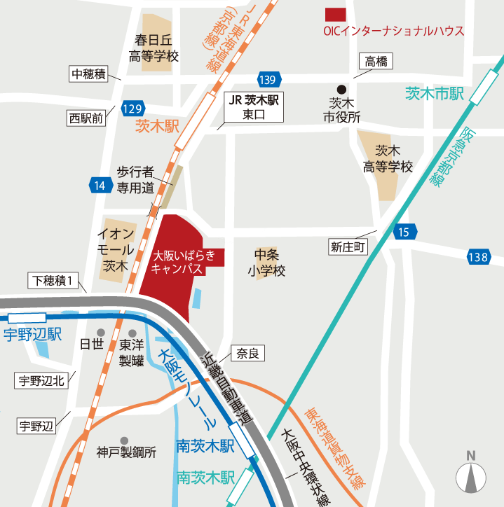 大阪いばらきキャンパス周辺の案内図